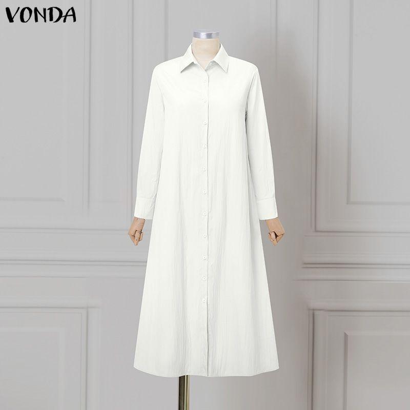 VONDA Women Elegant Lapel Neck Long Sleeve Baggy Pleated Casual Long Shirts Dress