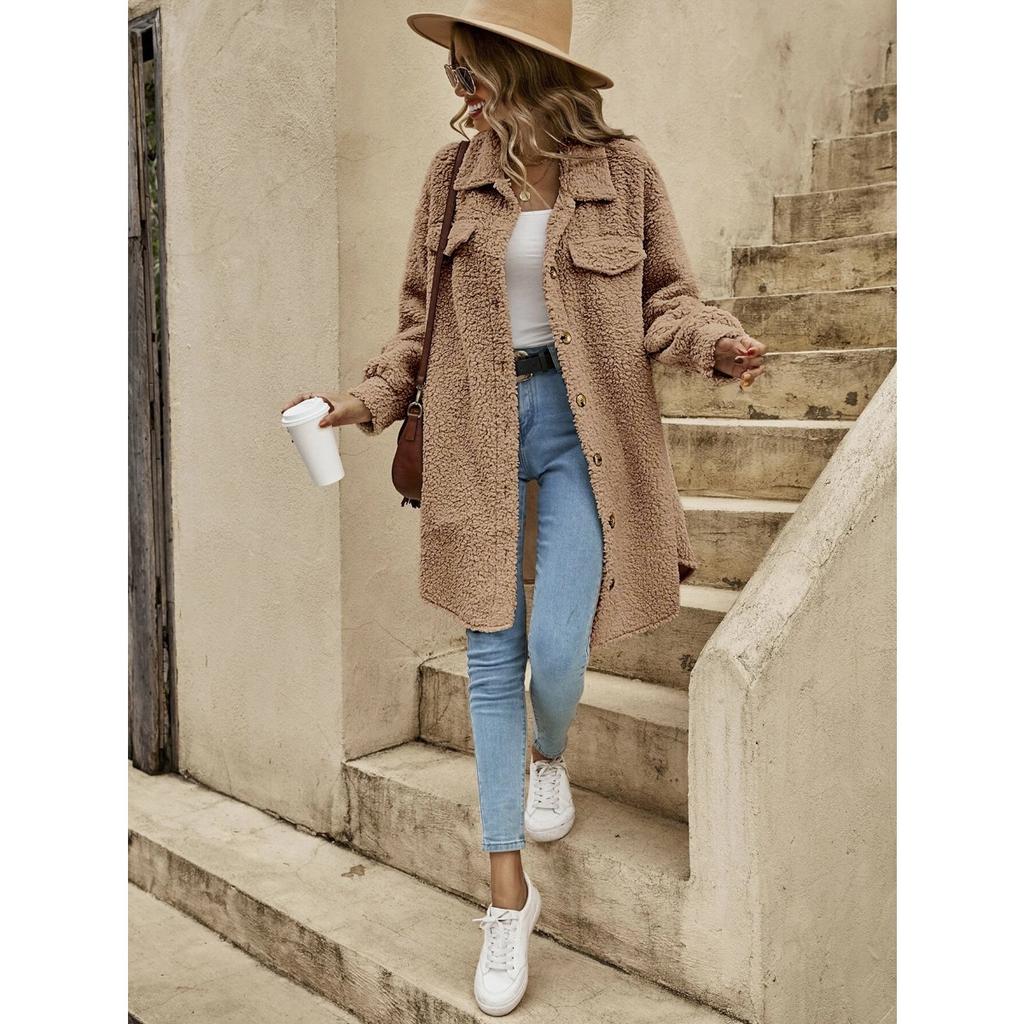 Women's Winter Long Loose Plush Coat, Turn-down Collar Buttoned Open Front Oversized Warm Overcoat for Women, European & American Style