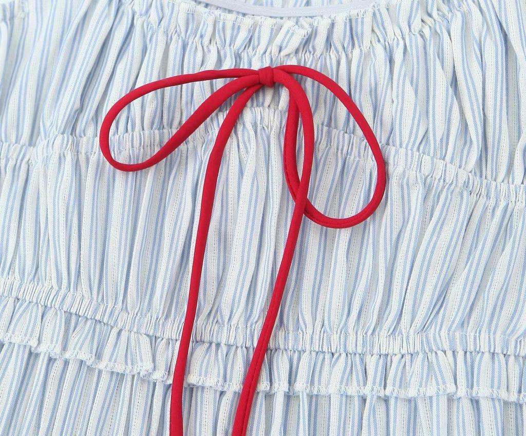 2024 Summer Women's European & American French-Style Striped Off-Shoulder Ruched Mini Dress