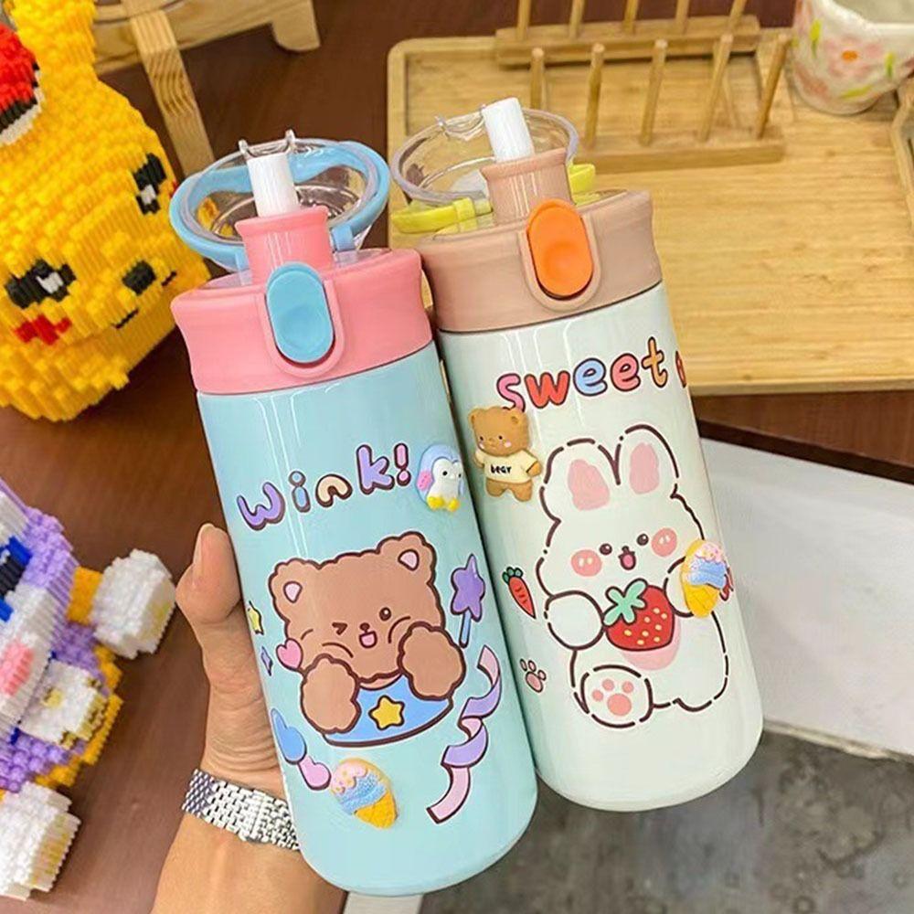 With Straw Cartoon Insulated Water Bottle Large Capacity Thermos Tumbler Car Vacuum Flask  Children