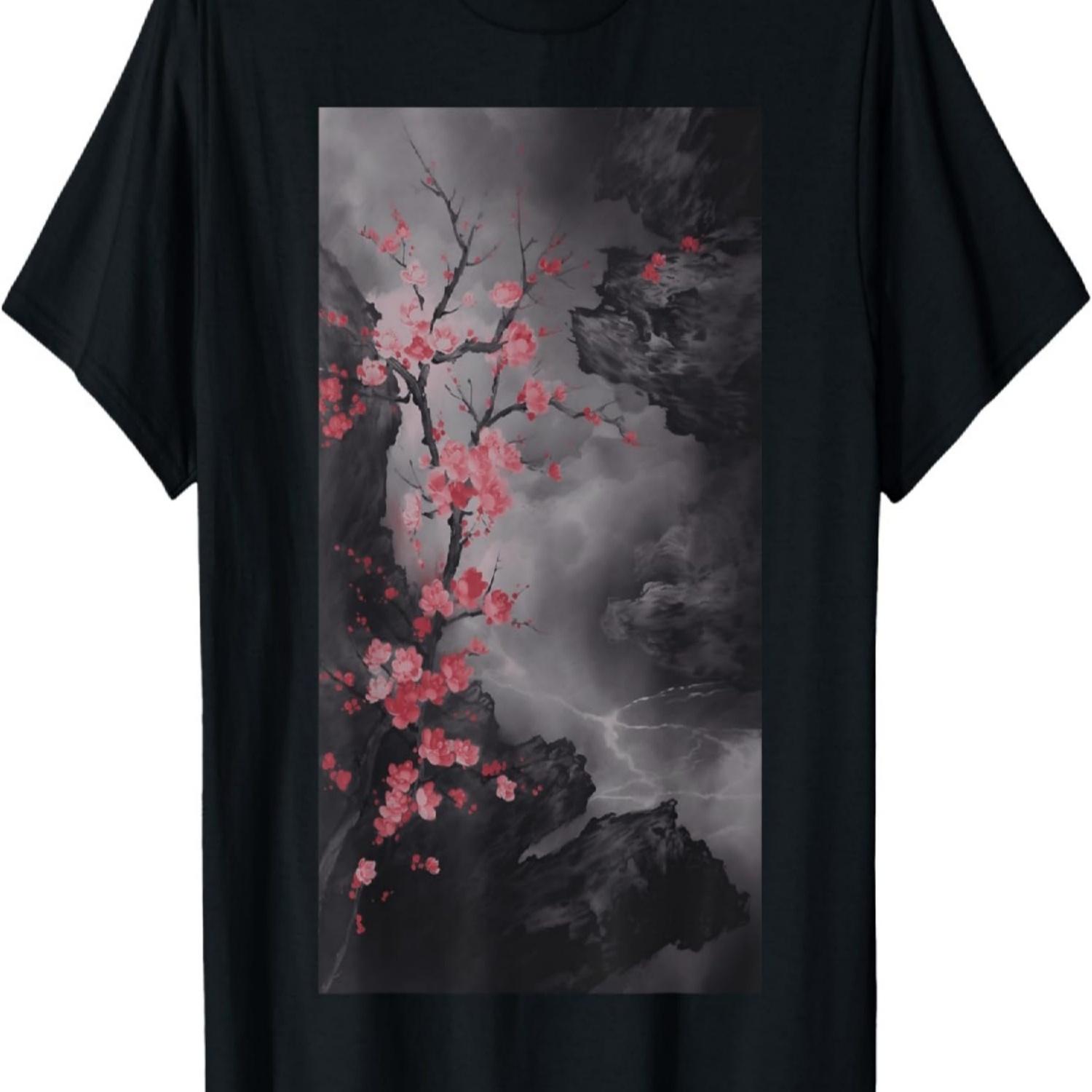 Япония Сад Сакуры Горы И Цветущие Вишни Гравюра на Дереве Футболка(34) S чёрный