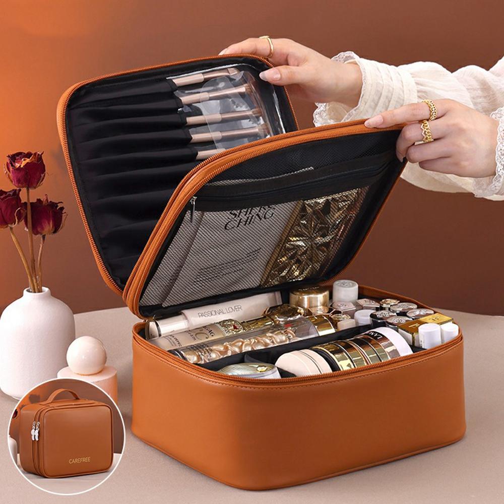 

8084 Portable Double Layer Makeup Organizer Large Capacity Travel Toiletry Bag Cosmetic Brush Storage Handbag Brown
