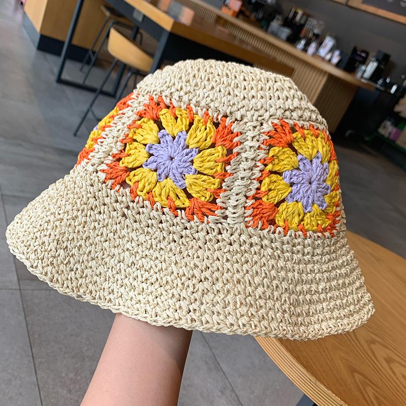 Women Sun Beach Crochet Flowers Hat Fisherman Hat Tourism Female Vacation Paper Straw Bucket Hat