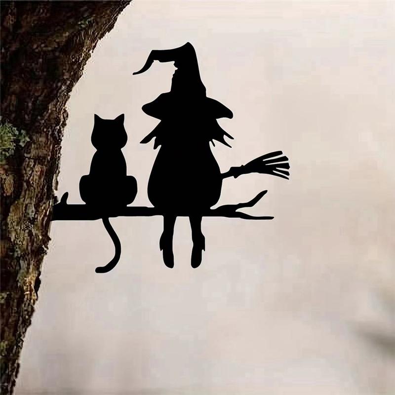 CYCLI-Iron Silhouette Cute Witch And Cat Garden Stake On The Branch Yard Art Decor, Tree Stump Plug-In, For Garden Courtyard чёрный