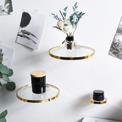 Fashion Wrought Iron Glass Ledge Rack Wall Mounted Gold Vase Display Organizer Decorative Round Floating Shelf for Home