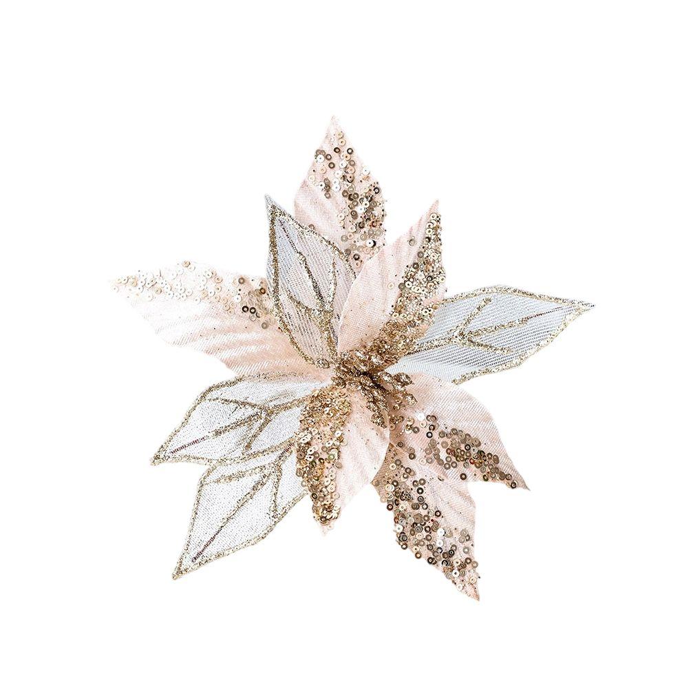 Artificial Holiday Flowers Glitter Poinsettia Flowers Shimmering Stamen Textured Look With Pearls Glitter Flower