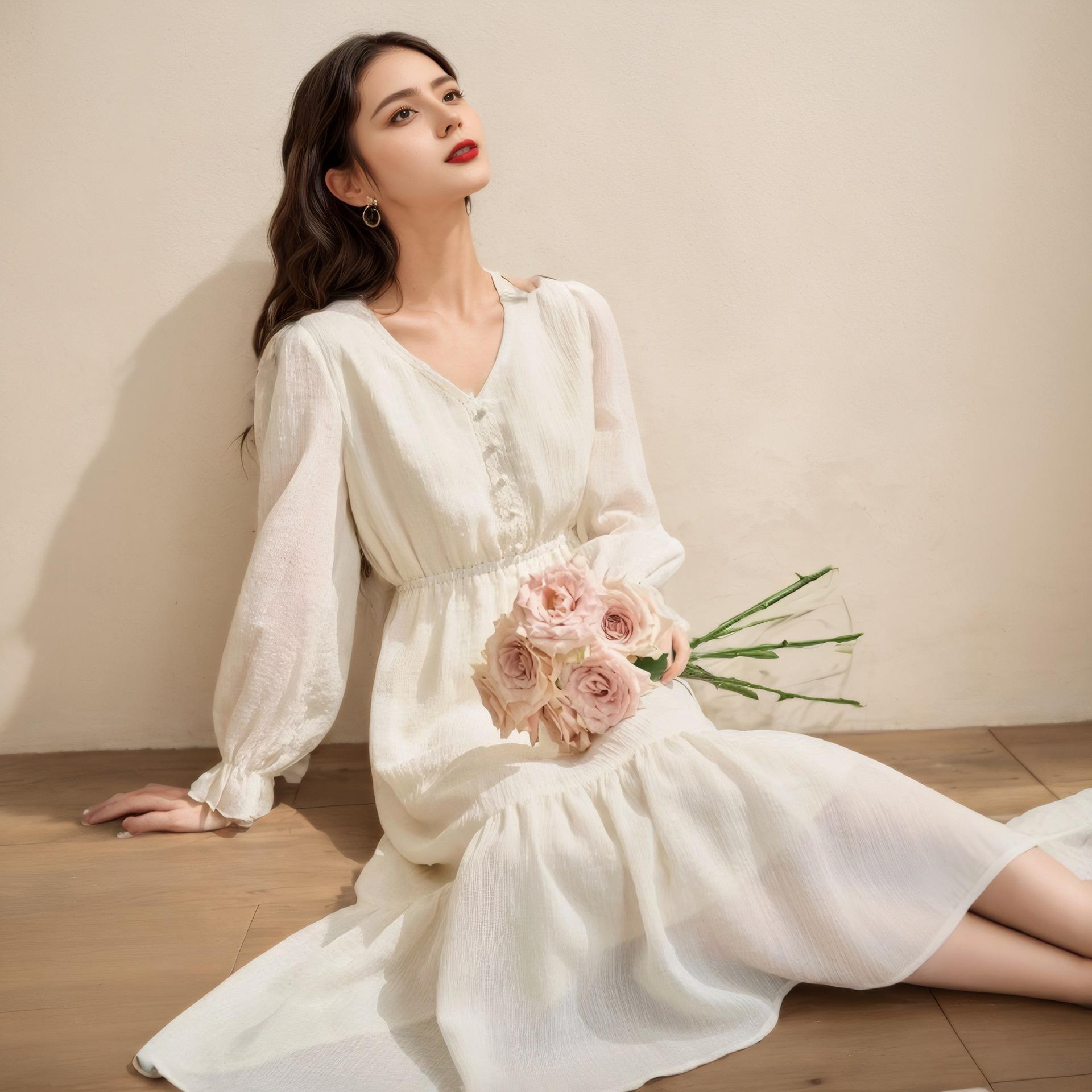 

Нежное белое кружевное платье с текстурой лунного света и длинными рукавами для женщин, весеннее платье с V-образным вырезом и талией А-образного силуэта S