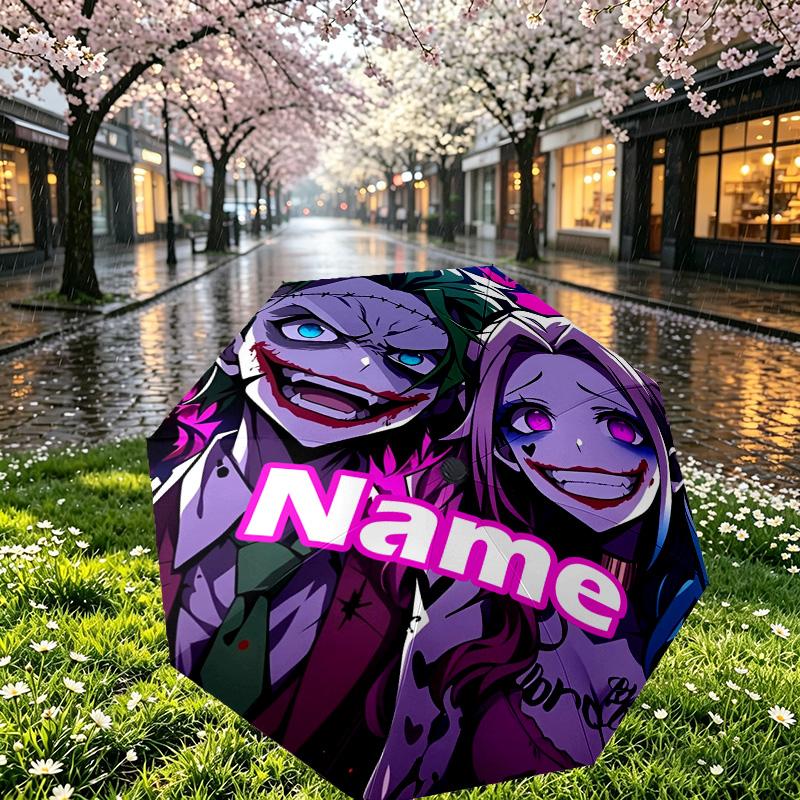 Custom Name Personalized Harley Quinn Joker Print Umbrella, Auto Open Close, 8‑Rib Sturdy Frame, Commute Camping Hiking Use, Birthday Gift