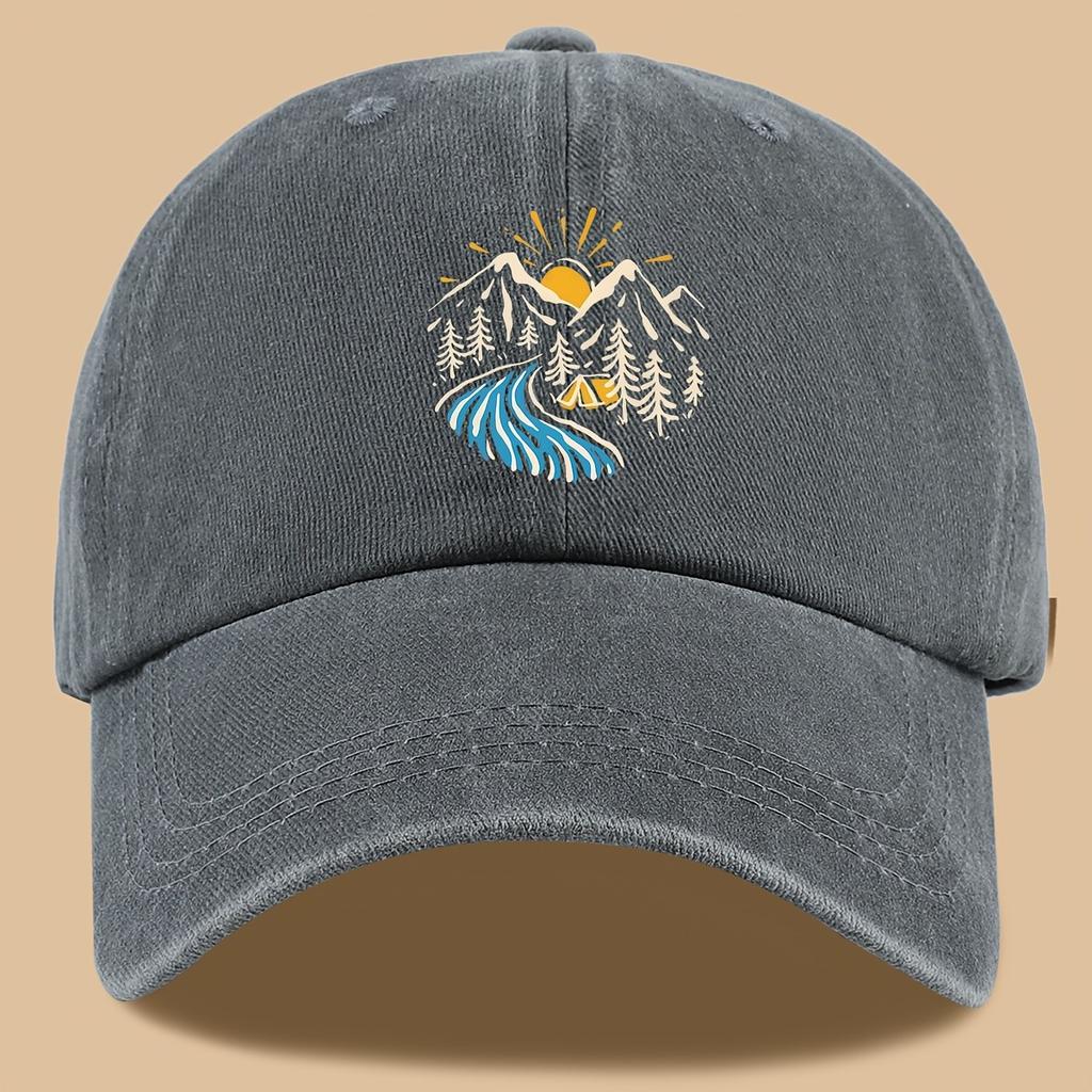 Washed Cotton Baseball Cap Mountain River Sun Print Outdoor Casual Sun Hat for Unisex Women