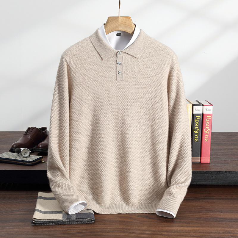 2025 Autumn/Winter Men's Solid Color Cashmere Polo Neck Knitwear, Soft & Fluffy Long Sleeve