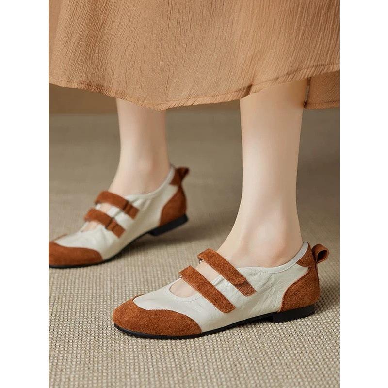 Sheepskin version retro style color matching casual round head light mouth Mary Jane shoes women's commuter flat shoes