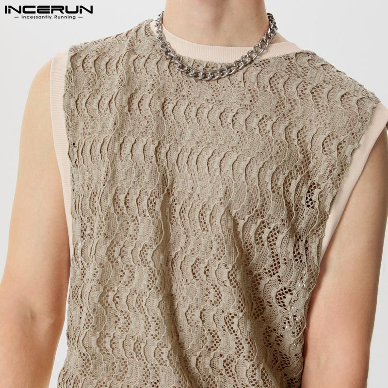 INCERUN Men Mesh Fishnet Sleeveless Tank Tops Lace Patchwork Summer Vest