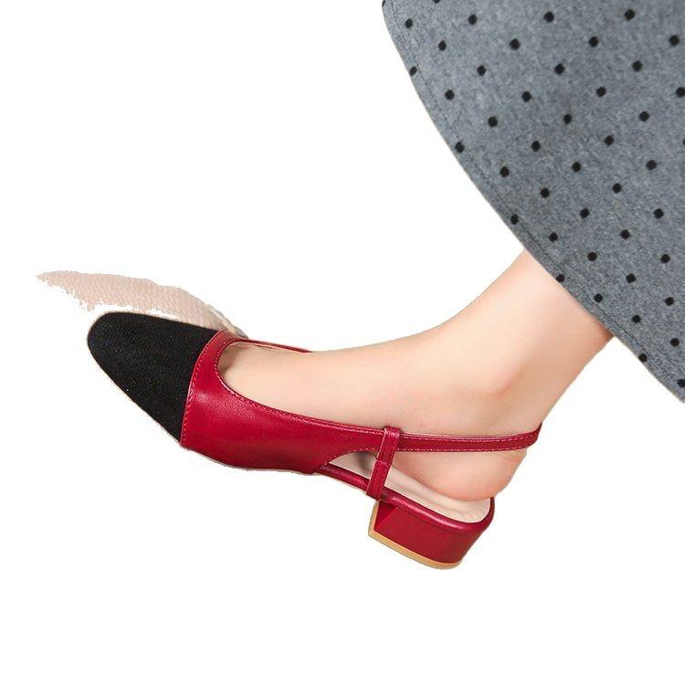 Large Size Color Matching Small Fragrant Wind Low Heel Sandals Women's Thick Heel Sticker Leather Rear Empty Flat Heel Sandals Retro Women's Shoes Lo