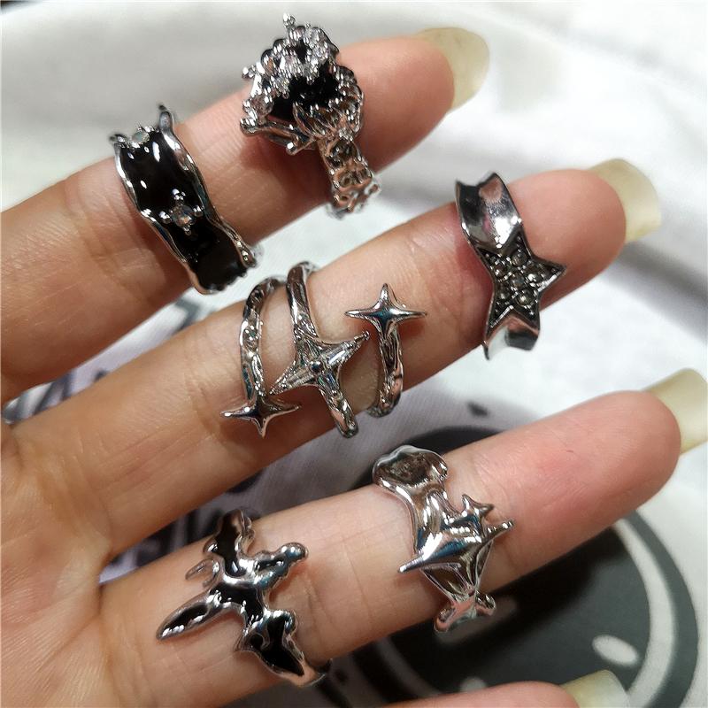 New Fashhhion Punk Dark Vintage Cross Star Heart Open Rings For Women Y2K Style Grunge Goth Accessories Jewelry Gift