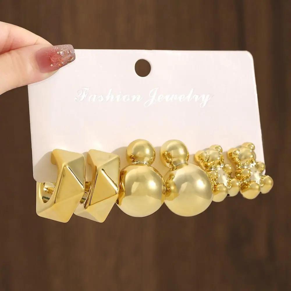 6Pcs/Set Fashion Gold Color Heart Bear Drop Earrings for Women Simple Twisted Metal C-Shape Earrings Elegant Jewelry Gifts