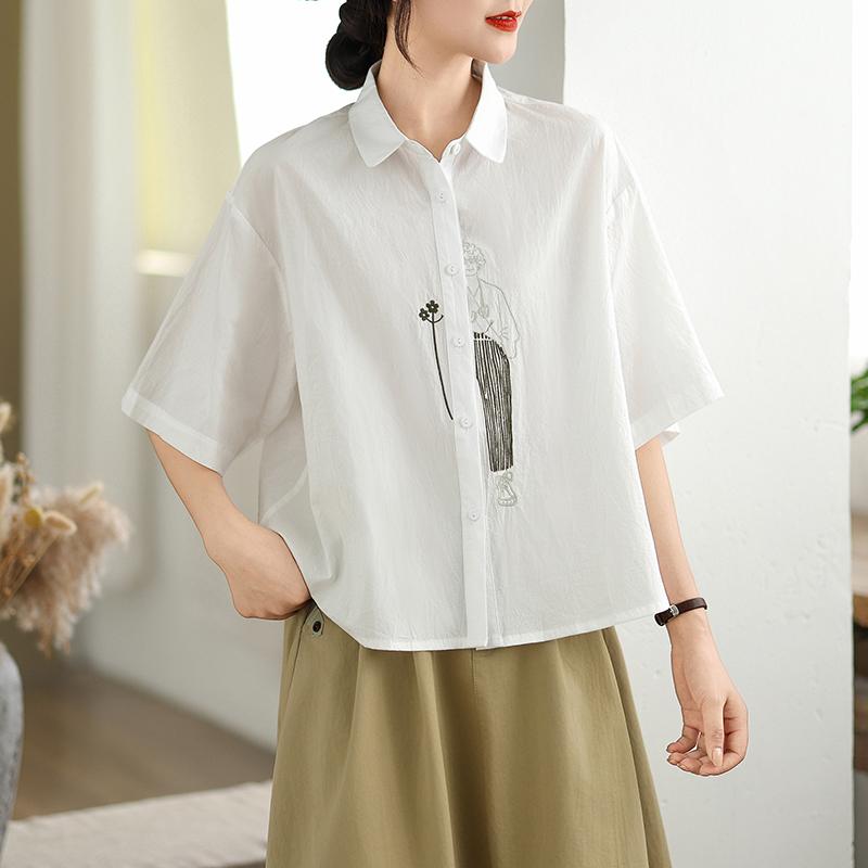 DIMANAF 2026 Women Plus Size New Summer Blouse Shirt Short Sleeve Casual Loose Embroidery Lady Tops Shirts Cotton