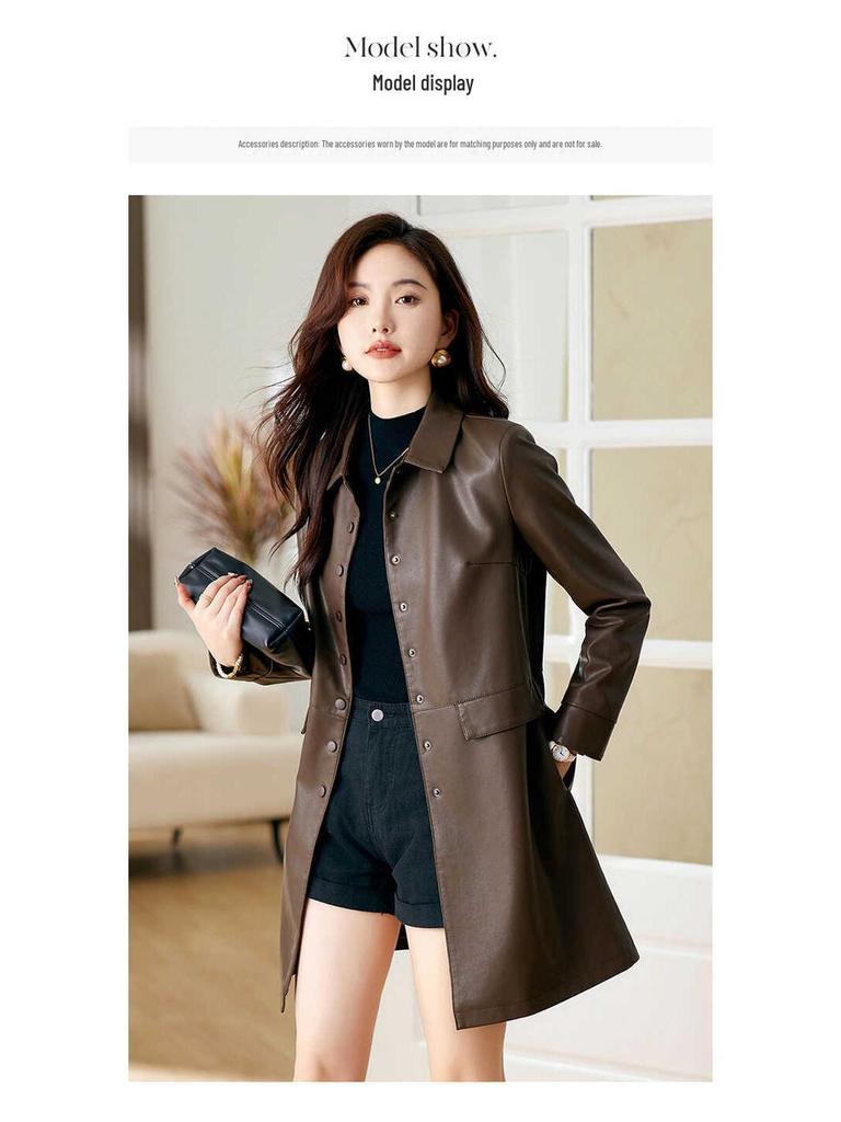 Women's High-End Slimming Lambskin Leather Jacket - Mid-Length Coat for Spring and Autumn