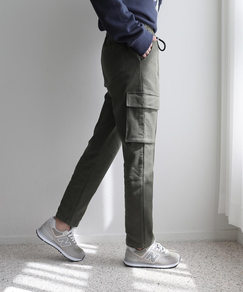 Jikeulib Warm Fleece-Lined Elastic Waist Pocket Cargo Stretch Cotton Pants