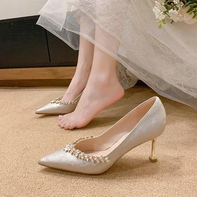 French Rhinestone Trimmed High Heels Women's New Fashion Versatile Champagne Pointed Toe Stiletto Pumps Women Heels Women