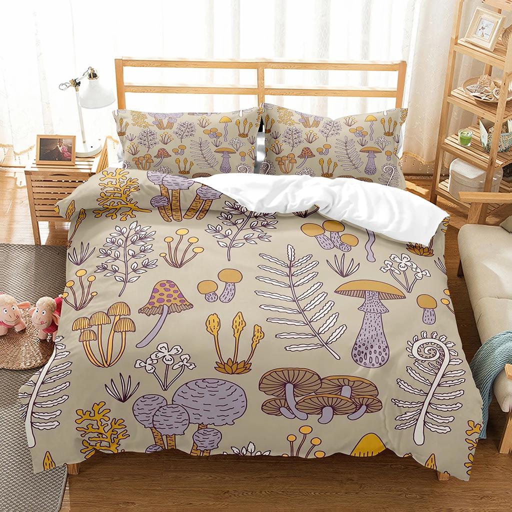 Mushroom Duvet Cover Set Microfiber Wild Plants Flowers Bedding Set Nature Botanical Animal Comforter Cover Single Queen Size