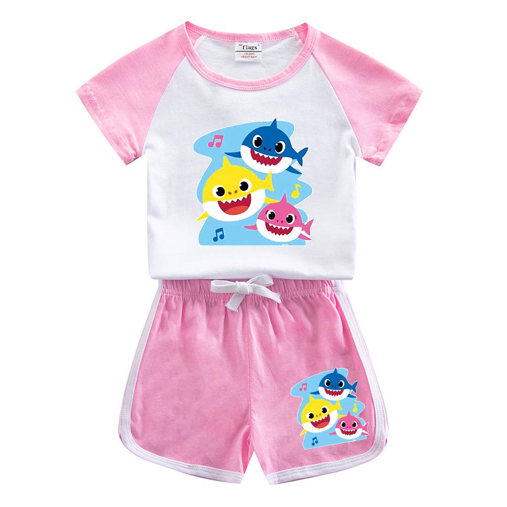 Kids' Baby Shark Summer Set 2024: Pure Cotton Cartoon T-Shirt & Shorts, Two-Piece Set