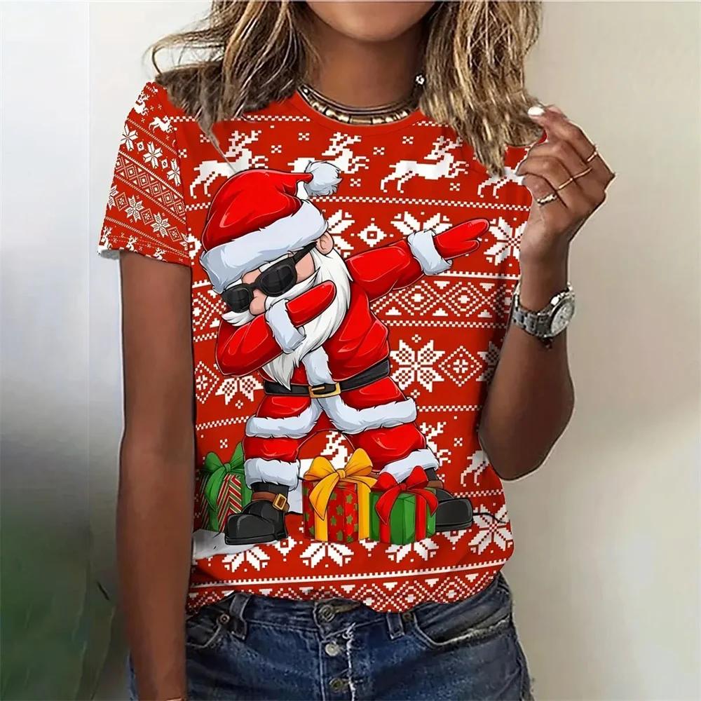 Santa Claus 3D Printed Women's Short-Sleeve T-Shirt Christmas Tree Holiday Casual Fashion Women's Wear