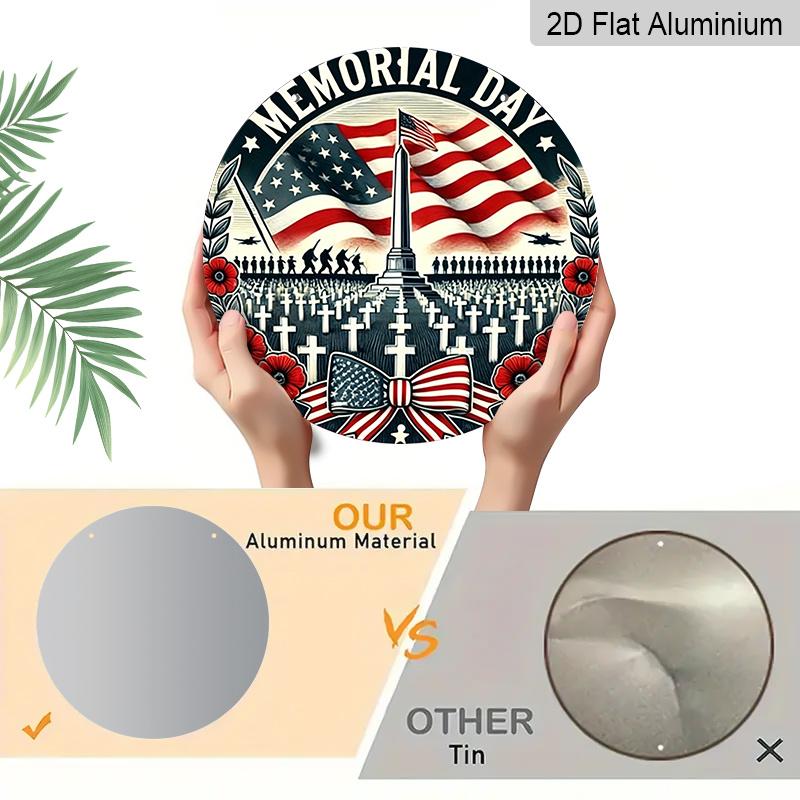 2D Flat, 1pc Memorial Day Round Metal Wall Art - Military Tribute with American Flag, Arlington Cemetery Tombstones & Iwo Jima Soldiers - Vintage
