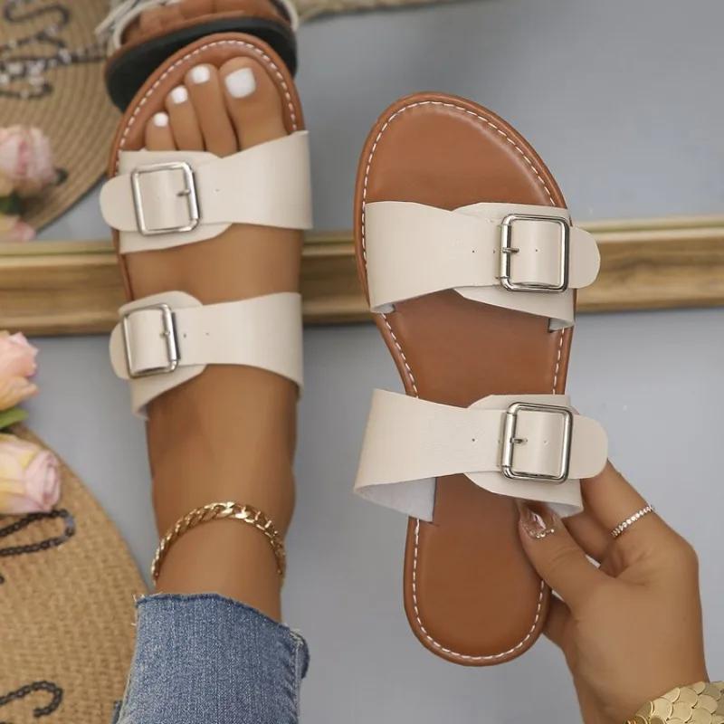 Mode Damen Neue Sommer Hausschuhe Trend Schnalle Flache Freizeitschuhe Hausschuhe für Zuhause Täglich Flache Slipper Party Damen Sandalen Pantoletten