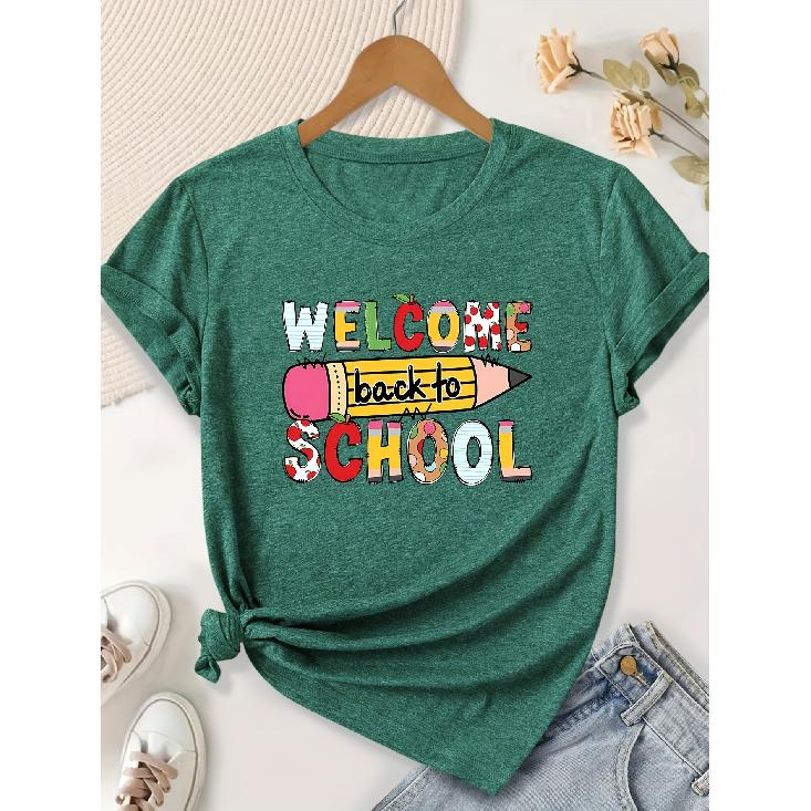 Women s vintage-themed pattern T Shirt Colored pencils and Welcome back Design Soft elastic fabric Round-neck casual style for spring S темно-зеленого
