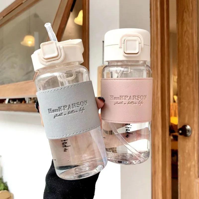 1Pc Creative Water Bottle with Straw Lightweight Adorable Plastic Drinking Bottle Leak-proof Drinkware for Drinking Milk Coffee Tea