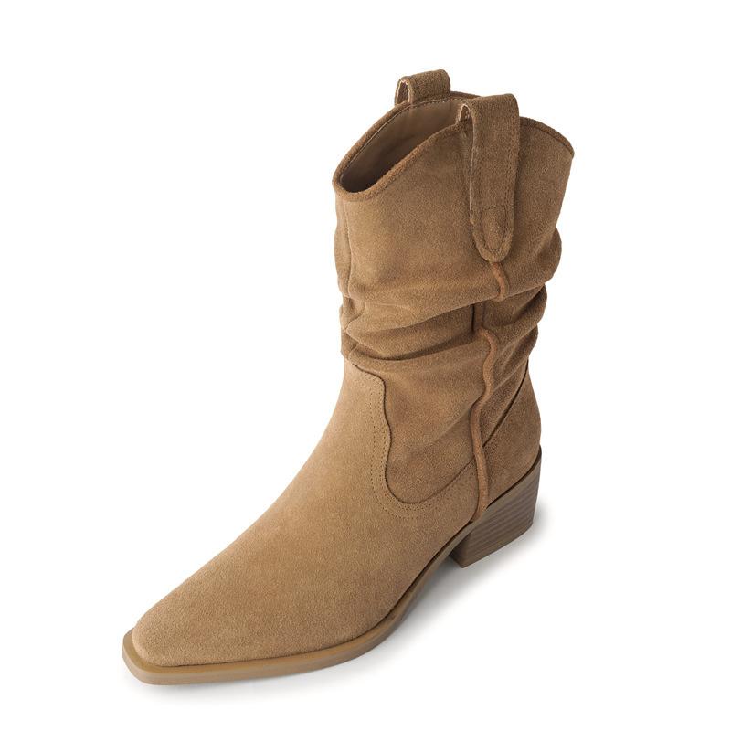 

2024 новые ковбойские сапоги Sun Qian Zhao Ruth в стиле вестерн, короткие сапоги с квадратным носком и толстым каблуком, плиссированные ворсовые сапоги прилив 35 коричневый