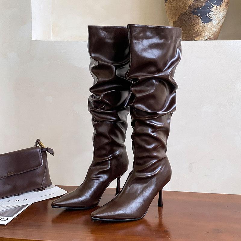 Mode Mode Plissee Party Modern Damen Kniehohe Stiefel Absätze Schuhe Spitze Zehenpartie Damen Lange Stiefel Weibliche Slipper Pumps