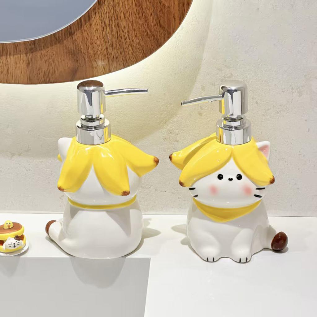 370ml Soap Dispenser Cartoon Cat Lotion Dispenser Bathroom Ceramic Press-type Hand Soap and Shower Gel Separate Bottles
