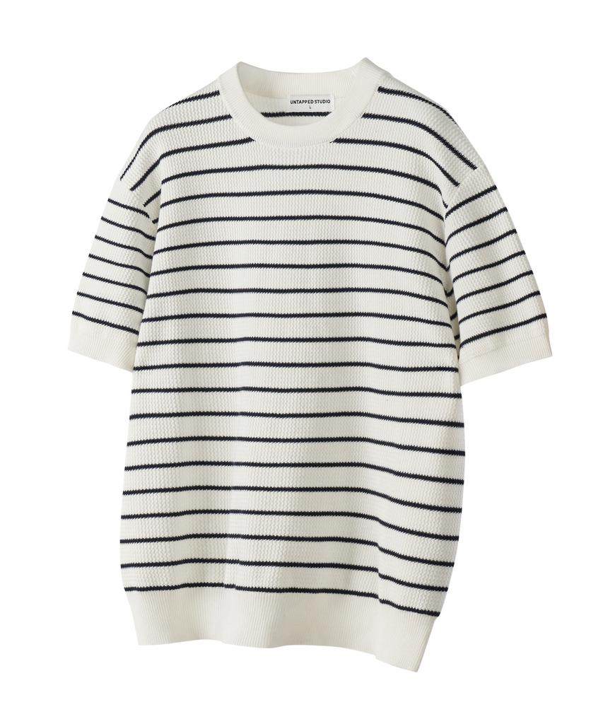 UNTAPPED STUDIO [2Pack] Linen Crochet Round Stripe Short Sleeve Knit 5 Colors (Type B)