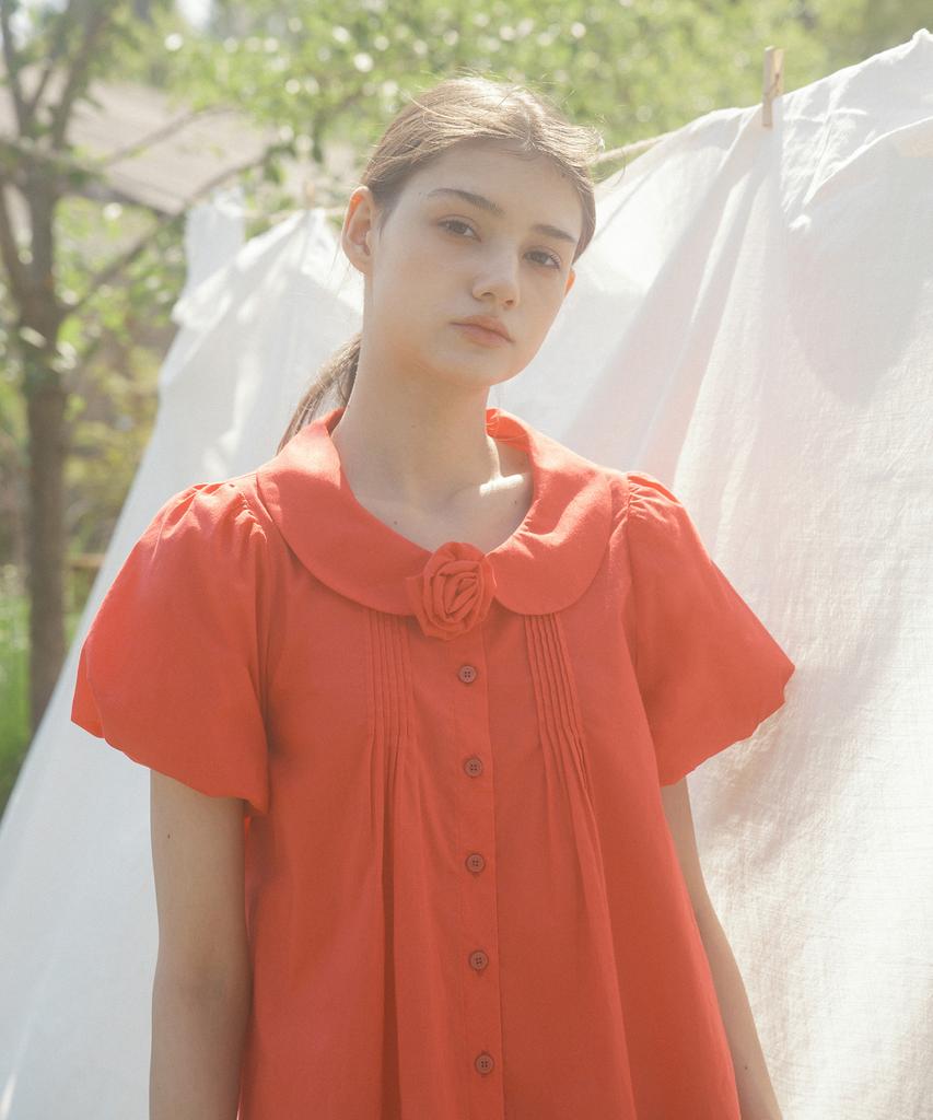 Baitalssain Corsage Pintuck Puff Blouse (Red)