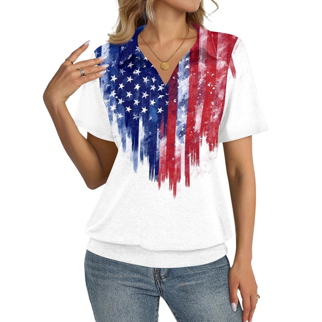 Women's Casual Short Sleeve V Neck Top with Independence Day Print Relaxed Fit Lightweight Blouse for Everyday Wear