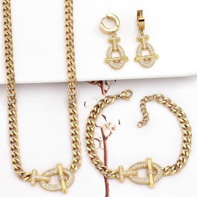 Luxury Personality Unique Full Zircon Link Charm Necklace OT Series New Crossbar Bangle Earring 3pcs Fashion Jewelry Mexico