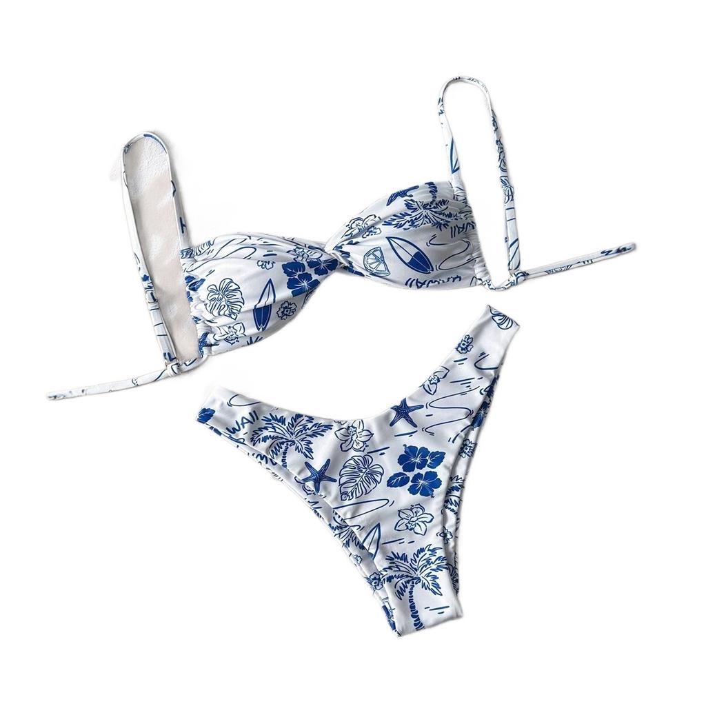 European And American Printed Bikini Swimsuit Female Sexy Lace-Up Halter Split Two-Piece Bikini Vacation Swimsuit