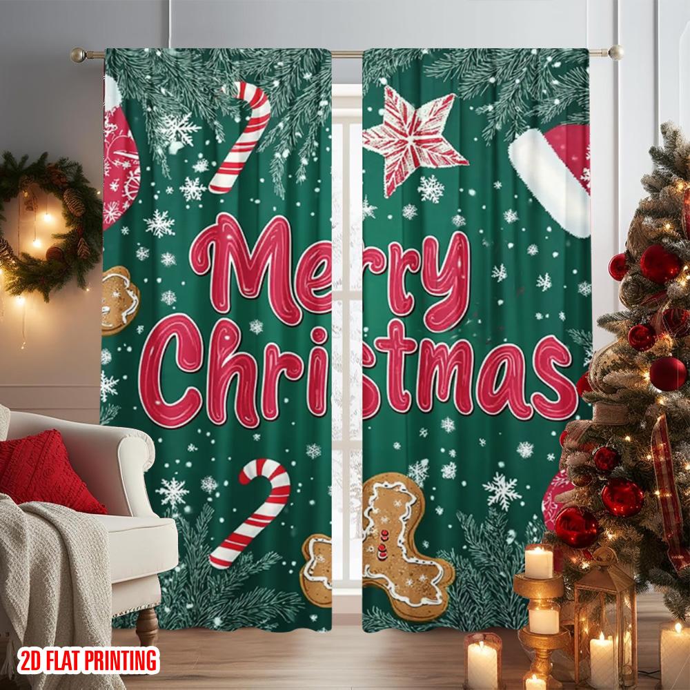 Flachdruck Frohe Weihnachten Vorhänge Lebkuchen Schneeflocke Polyester Ohne Strom Feiertagsdekorationen Perfektes Set aus 2 Stück Hergestellt