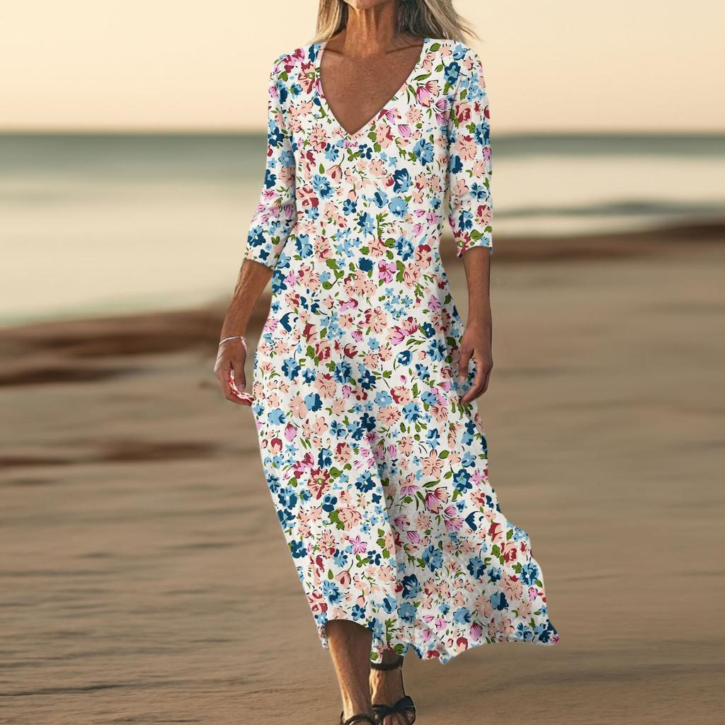Dresses For Womens Vintage Print Tunic Waisted Midi Dress Summer Casual  3/4 Sleeve Dress