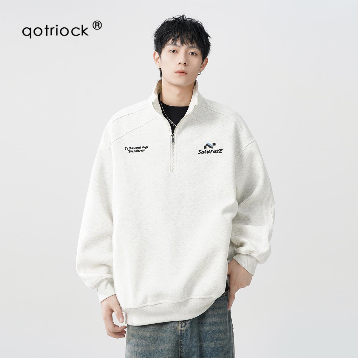 Men s Retro Embroidered Half-Zip Hoodie - Casual, Loose-Fit Autumn Style M