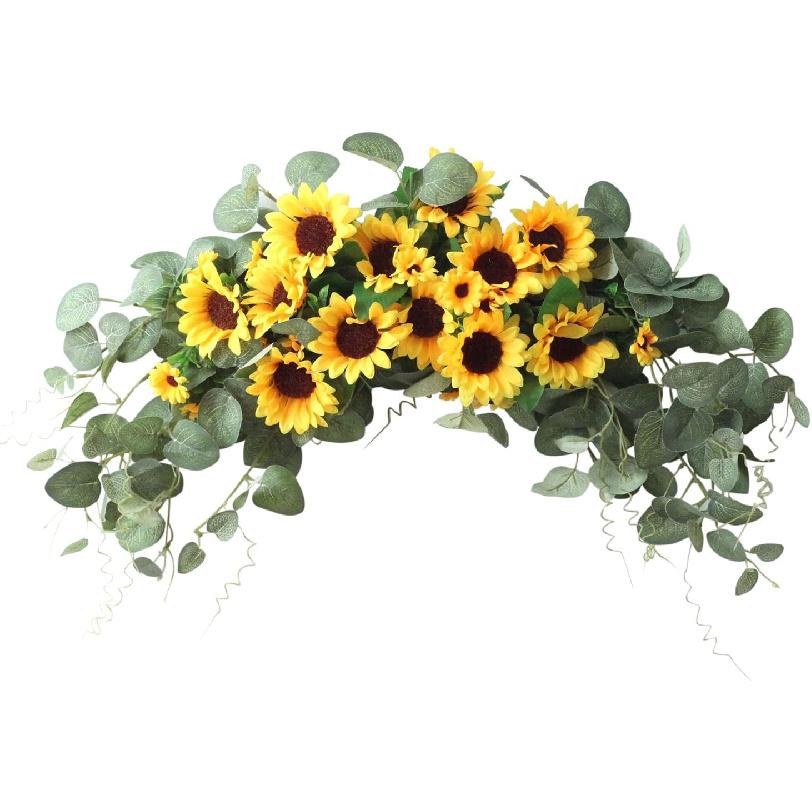 WYSRJ Artificial Sunflower Swag with Eucalyptus, 29.5 Inch Decorative Swag Floral with Sunflowers Wedding Arch Decor Fake Floral Wreath for Door