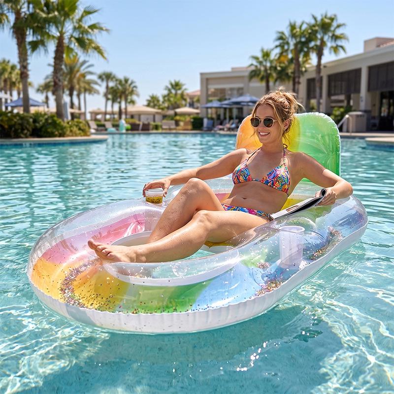 Colorful Sequin Reclining Water Lounger: Inflatable PVC Mesh Pool Float for One
