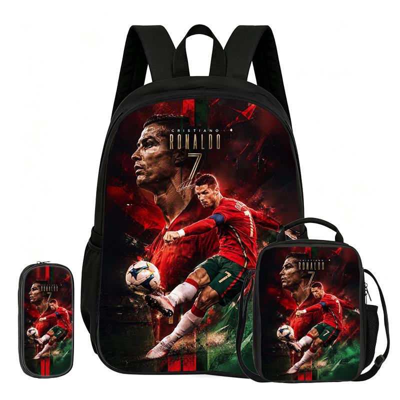 Zaino Sportivo Calcio Set 3 Pezzi Ronaldo Zaino Scolastico Imparare, Borsette da Viaggio per Matite, Borsa Pranzo, Zaino Stella del Calcio