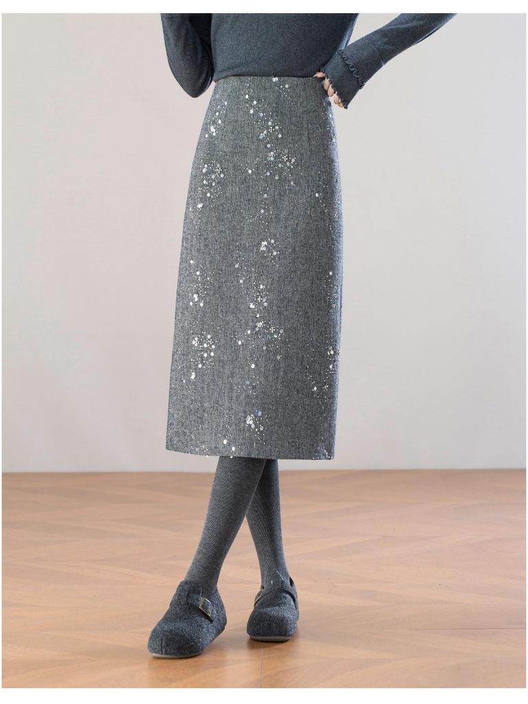 2025 Winter Elegant High-Waist Mid-Length Sequin Wool Slit Skirt for Women