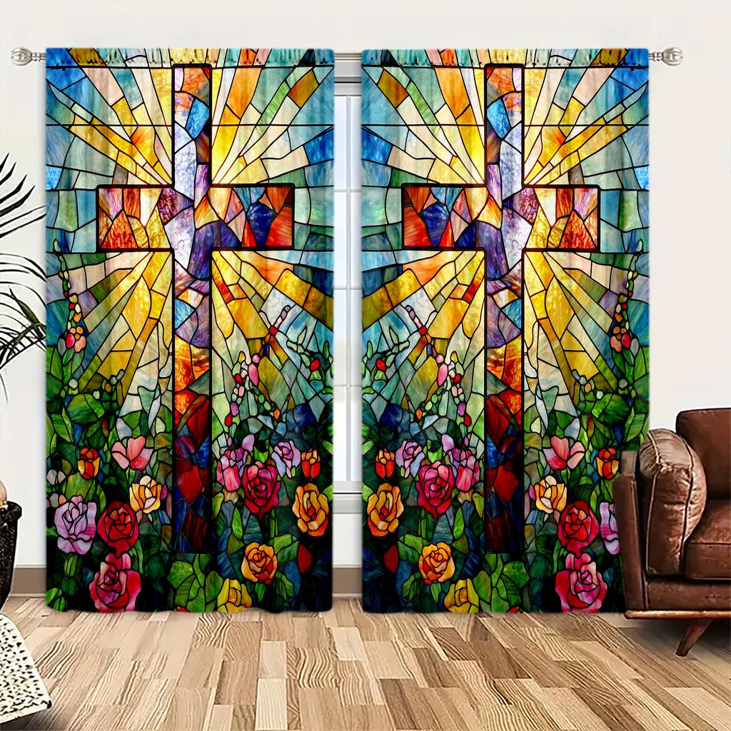 2pcs Stained Glass of the Church Printed Curtain for Home Decor - Rod Pocket Window Treatment for Bedroom   Office   Kitchen