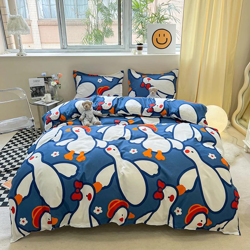 Blue Love Duvet Cover Set Heart Shaped Cute Rabbit Print Bedding Sets For Women Girls Teens Bed Set Flat Sheet Reversible Covers