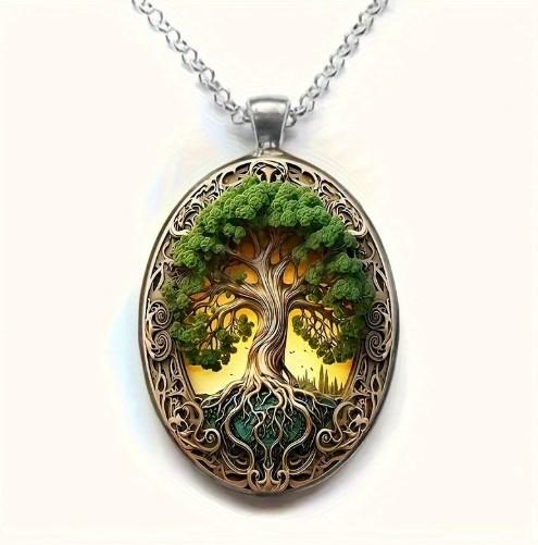 New Fashionable and Elegant Tree of Life Pattern Elliptical Glass Alloy Pendant Necklace Zircon Wholesale