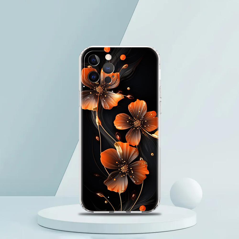 For iPhone 15 16 14 13 12 Mini 11 Pro Max XS X XR SE 7 8 Plus Silicone Clear Cover Beauty Flowers Leaves Luxury Phone Case
