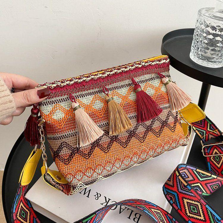 

Универсальная сумка через плечо на одно плечо, шикарная сумка в этническом стиле Харадзюку с широкими полосами и кисточками для девочек